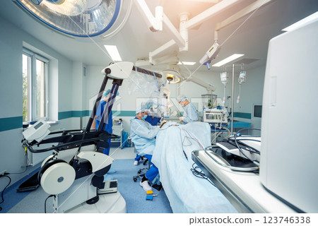 Brain surgery. Group of surgeons in operating room with surgery equipment. 123746338