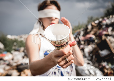 Blindfolded female volunteer in a landfill of plastic trash. 123746351