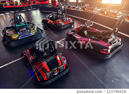 New electric go karts in the modern indoor racing track 123746410