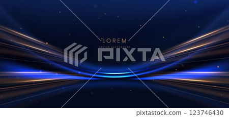 Abstract elegant blue curve and gold line with lighting effect sparkle on blue background. Abstract elegant blue curve and gold line with lighting effect sparkle on blue background. 123746430