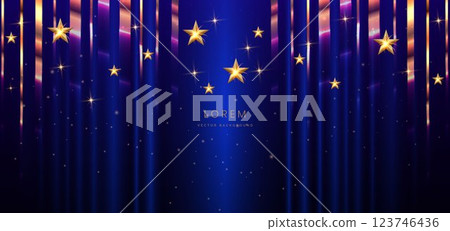 Luxury blue curtain background with golden satr elegant. Happy party celebration. 123746436