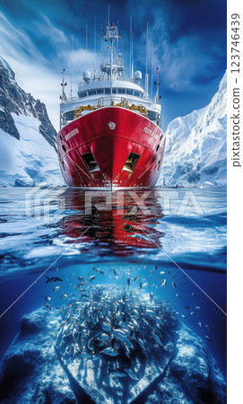 Red icebreaker ship in Antarctic waters with underwater view of fish around iceberg 123746439