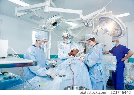 Spinal surgery. Group of surgeons in operating room with surgery equipment.  123746443