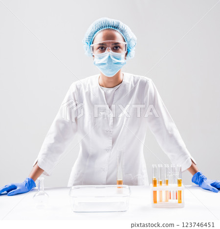 Scientist pouring organic oil. Beauty and cosmetics sciences.  123746451