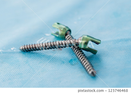 Laminectomy equipment on the surgical table. Medical background Laminectomy equipment on the surgical table. Medical background 123746468