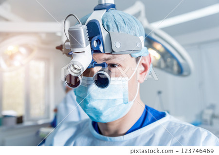 Spinal surgeon in operating room with surgery equipment. Spinal surgeon in operating room with surgery equipment. 123746469