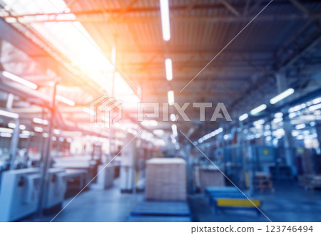 Bloored background of production line of the wooden floor factory. 123746494
