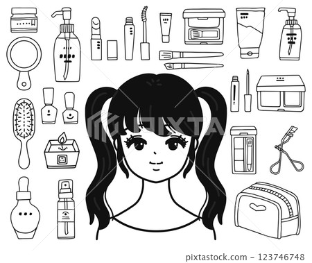 Illustration set of women and makeup products - line drawing 123746748