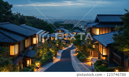 黃昏時分，日式住宅區的街景被燈光點亮，十分美麗 123746780