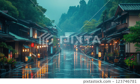 雨水浸濕的傳統日式街景 123746781