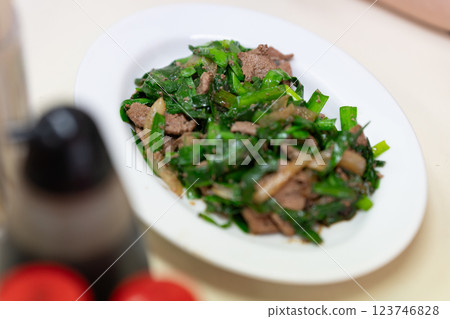 Stir-fried liver and chives at a local Chinese restaurant 123746828