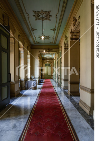 Perspective hallway leading with ceiling hanging lamp and pillars leading into entrance green ancient door. 123747090