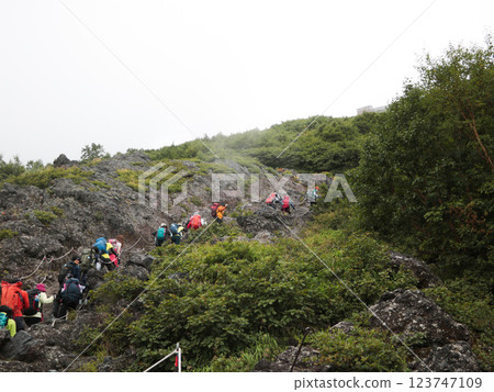 登山者在霧中行走 123747109