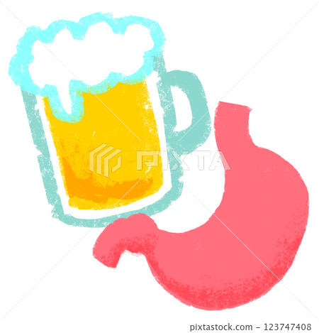 Simple illustration, crayon touch, draft beer and stomach Simple illustration, crayon touch, draft beer and stomach 123747408