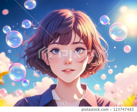 Illustration material of soap bubbles and a young woman 123747483
