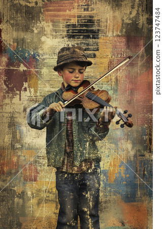 Contemporary art collage of Caucasian boy playing violin, illustration music poster, Eclectic style, Generative AI 123747484