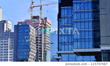 Warsaw, Poland. 22 February 2025. Business center with skyscrapers. Construction of the "Studio" skyscraper. 123747487