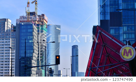 Warsaw, Poland. 22 February 2025. Business center with skyscrapers. Construction of the "Studio" skyscraper. 123747490