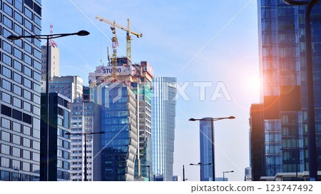 Warsaw, Poland. 22 February 2025. Business center with skyscrapers. Construction of the "Studio" skyscraper. Warsaw, Poland. 22 February 2025. Business center with skyscrapers. Construction of the "Studio" skyscraper. 123747492