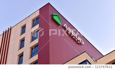 Warsaw, Poland. 22 February 2025. Urban landscape. Company signboard Asbud. Warsaw, Poland. 22 February 2025. Urban landscape. Company signboard Asbud. 123747612