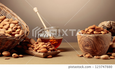 Almond nuts in wooden dishes and honey in a glass jar. 123747880