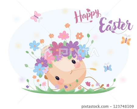 Easter egg with floral wreath lying on grass, cute holiday illustration 123748109