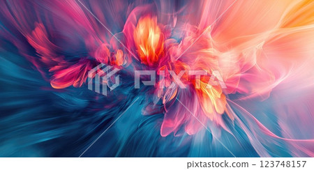 Colorful abstract swirl of vibrant hues creating a dynamic visual experience in a dreamlike setting 123748157