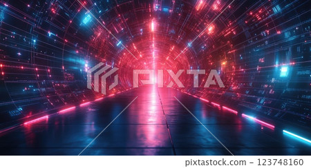 Digital tunnel illuminated with vibrant lights creating a futuristic atmosphere 123748160