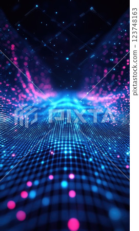 Illuminated digital landscape with vibrant blue and pink particles creating an immersive, futuristic atmosphere at nighttime 123748163