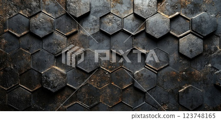 Unique hexagonal texture on a dark surface displaying an industrial design with weathered details 123748165