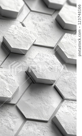Hexagonal white tiles arranged in a geometric pattern on a contemporary surface 123748166