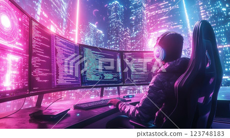 Innovative programmer immersed in coding while surrounded by a vibrant neon city skyline at night Innovative programmer immersed in coding while surrounded by a vibrant neon city skyline at night 123748183