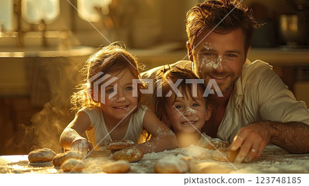 Family baking together in a warm kitchen on a sunny afternoon while creating sweet memories and delicious treats Family baking together in a warm kitchen on a sunny afternoon while creating sweet memories and delicious treats 123748185