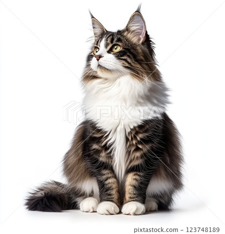 Majestic Maine Coon cat posing gracefully with striking features and fluffy fur in a bright setting Majestic Maine Coon cat posing gracefully with striking features and fluffy fur in a bright setting 123748189