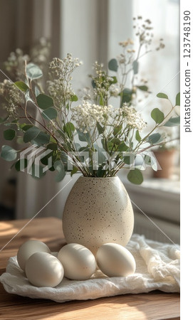 Eucalyptus and wildflowers in a vase with decorative eggs arranged on a textured cloth in a sunny interior setting Eucalyptus and wildflowers in a vase with decorative eggs arranged on a textured cloth in a sunny interior setting 123748190