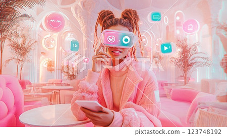 Young woman explores virtual reality in a vibrant, futuristic space while engaging with interactive digital content Young woman explores virtual reality in a vibrant, futuristic space while engaging with interactive digital content 123748192
