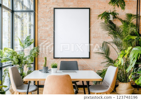 Modern workspace interior with greenery and blank wall panel for decoration in natural light 123748196