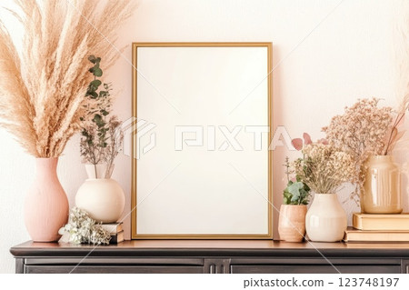 Decorative display with empty frame and dried flowers on wooden tabletop in bright interior Decorative display with empty frame and dried flowers on wooden tabletop in bright interior 123748197