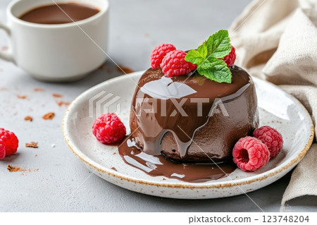 Delicious chocolate dessert topped with fresh raspberries and mint served on white plate 123748204