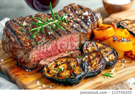 Juicy grilled steak served with charred vegetables on a wooden cutting board in a cozy dining setting 123748205