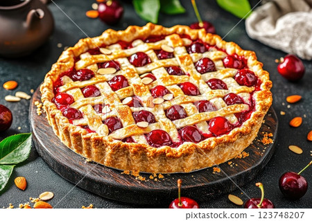 Freshly baked cherry pie on a rustic wooden board with almonds and cherries scattered around 123748207