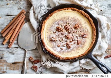 Homemade pecan pie baked in a cast iron skillet garnished with nuts and spices on a rustic wooden table 123748211