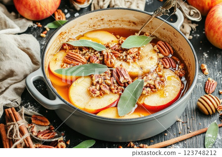Warm apple dessert with pecans and sage prepared in a rustic kitchen 123748212