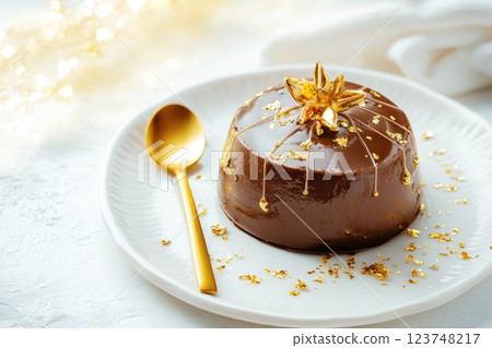 Elegant chocolate dessert with decorative gold accents served on a white plate Elegant chocolate dessert with decorative gold accents served on a white plate 123748217