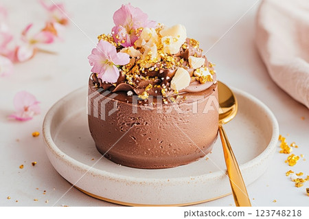 Delicious chocolate dessert topped with edible flowers and golden sprinkles in a natural setting Delicious chocolate dessert topped with edible flowers and golden sprinkles in a natural setting 123748218