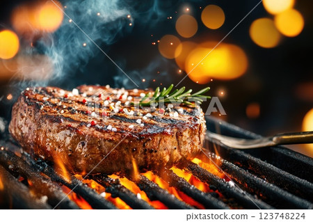 Juicy grilled steak garnished with rosemary cooking over flaming grill at a nighttime barbecue gathering 123748224