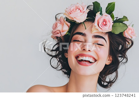 Smiling woman with floral crown enjoying a joyful moment against a plain background 123748241