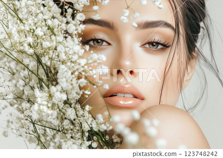 Beautiful young woman close-up with delicate flowers in soft lighting showcasing natural beauty and serene expression 123748242