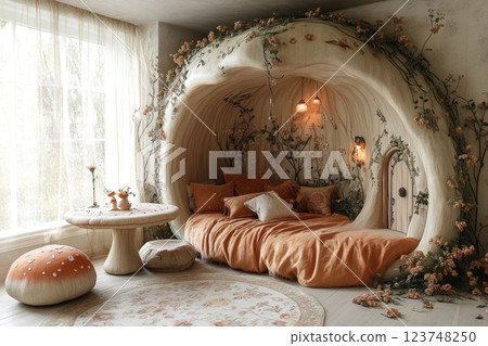 Cosy nature-inspired bedroom with whimsical design elements and warm tones 123748250