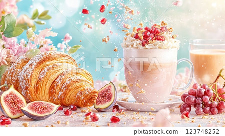 Delicious breakfast spread featuring croissant, fruits, and creamy beverages in a bright, floral setting Delicious breakfast spread featuring croissant, fruits, and creamy beverages in a bright, floral setting 123748252